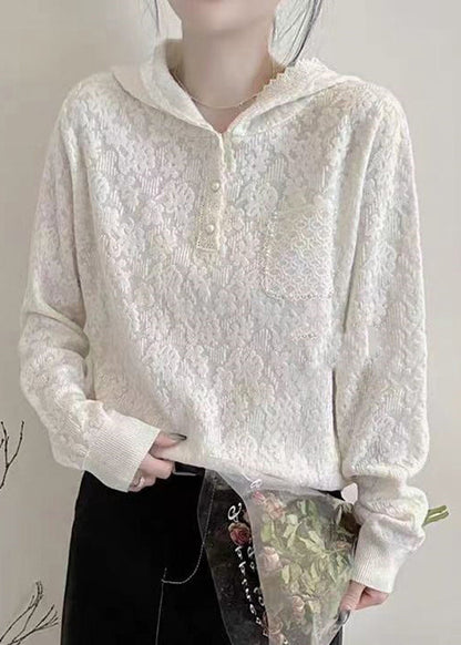 White Pearl Pockets Hooded Cotton Knit Sweaters Lantern Sleeve