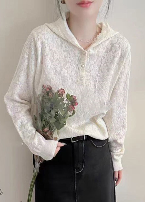 White Pearl Pockets Hooded Cotton Knit Sweaters Lantern Sleeve