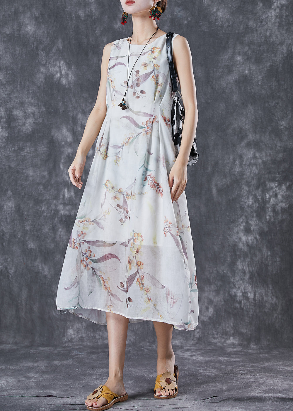 White Print Backless Linen Holiday Dress Summer