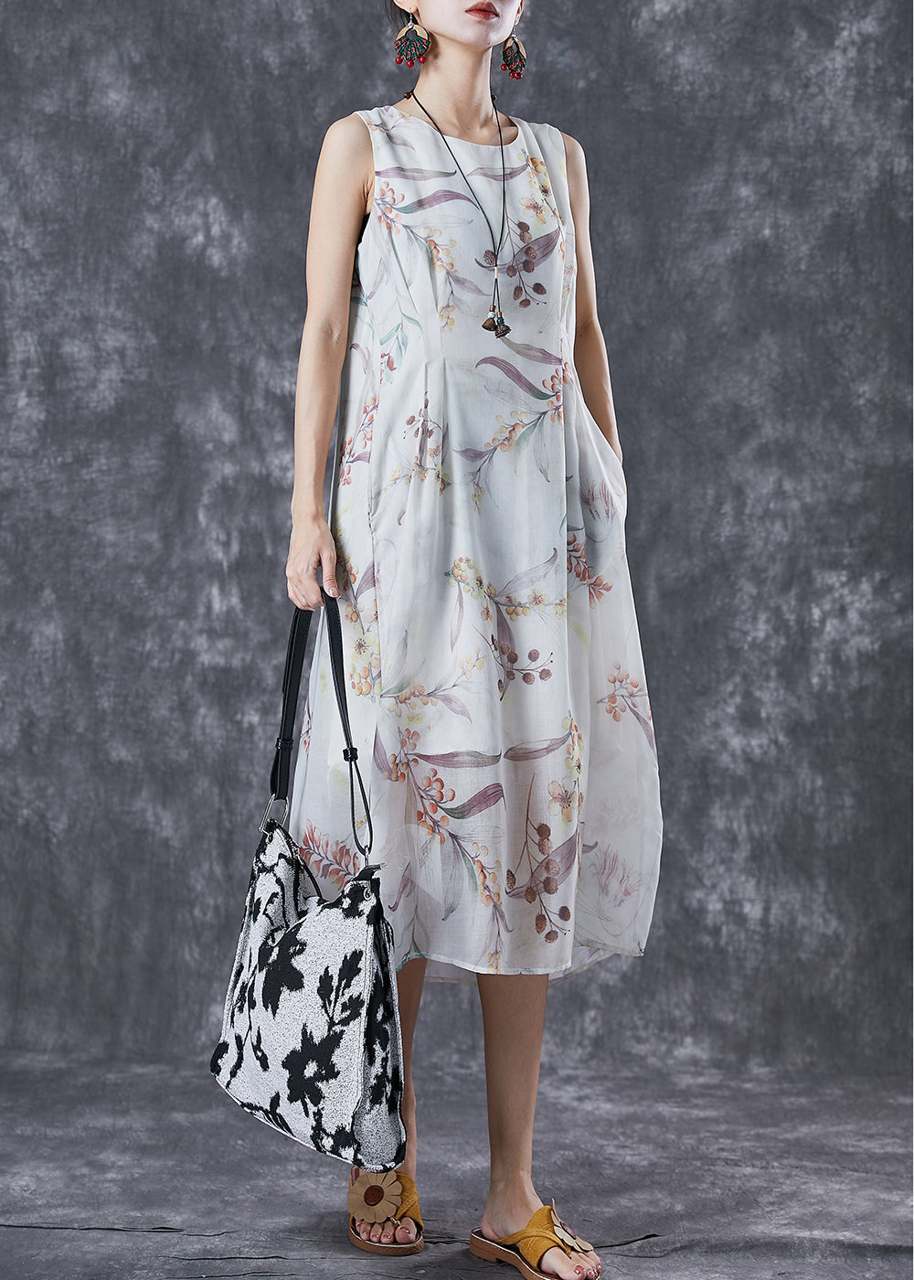 White Print Backless Linen Holiday Dress Summer
