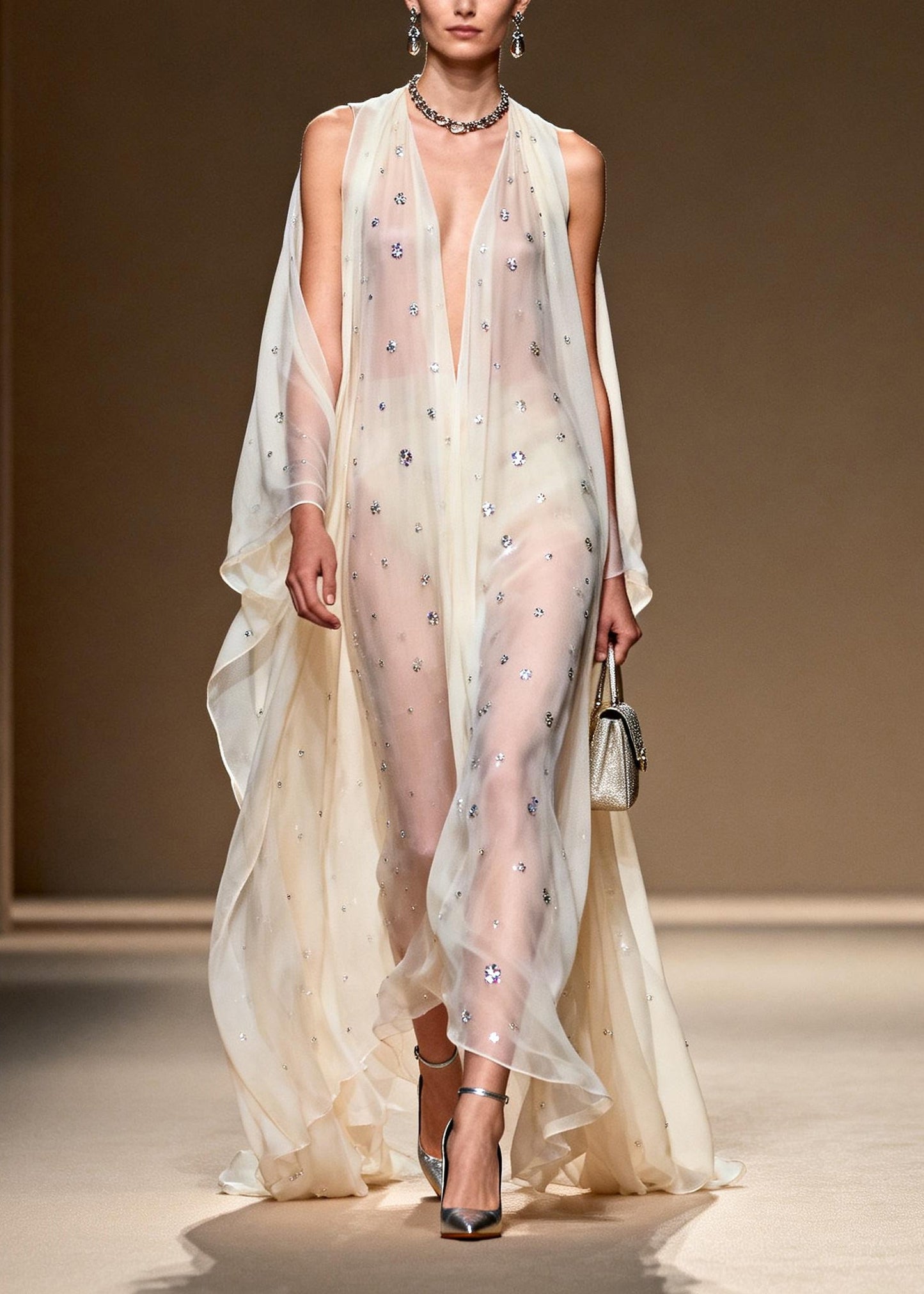 White Rhinestone Cold Shoulder Chiffon Sheer Dress Summer
