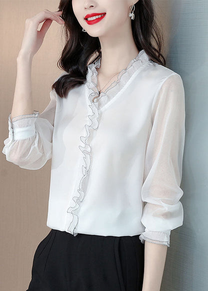 White Ruffled Patchwork Silk Blouses Long Sleeve