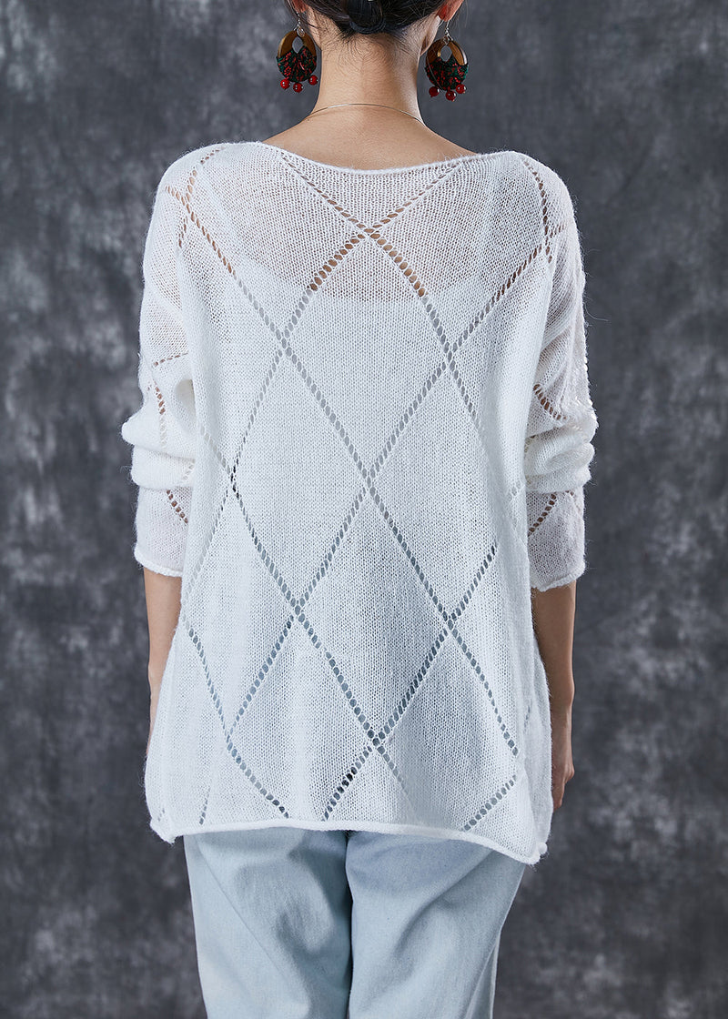 White Sequins Hollow Out Knit Sweater Fall
