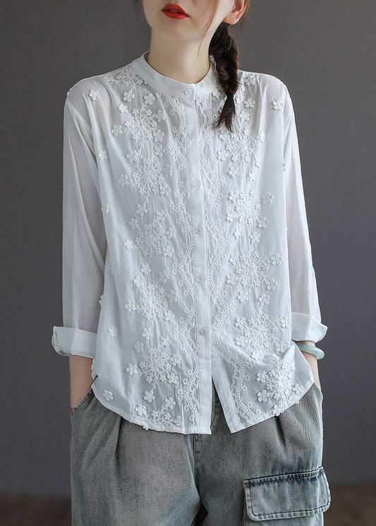 White Stand Collar Embroideried Button Cotton Shirt Long Sleeve