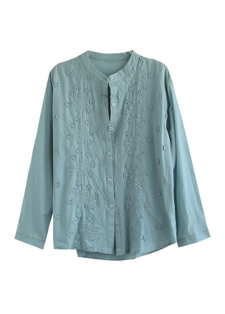 White Stand Collar Embroideried Button Cotton Shirt Long Sleeve