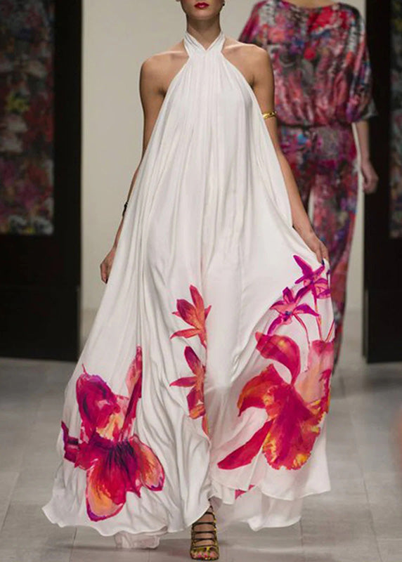 White Summer Sundress Halter Print Long Dresses