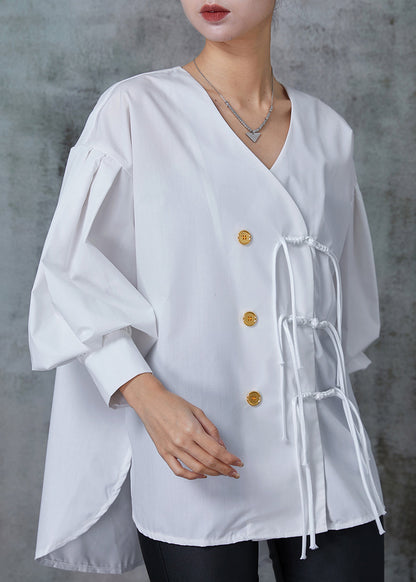 White Tasseled Cotton Oriental Shirt Tops Spring
