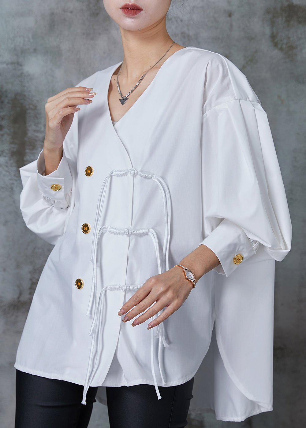 White Tasseled Cotton Oriental Shirt Tops Spring