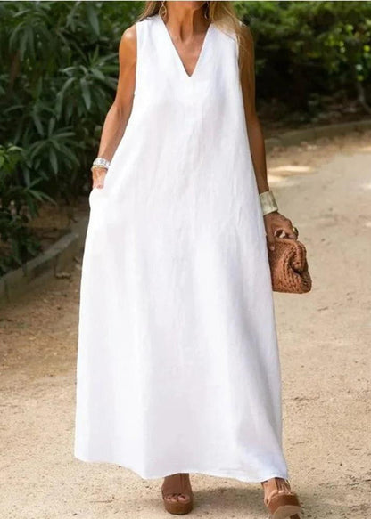 White V Neck Cotton a Line Dress Sleeveless
