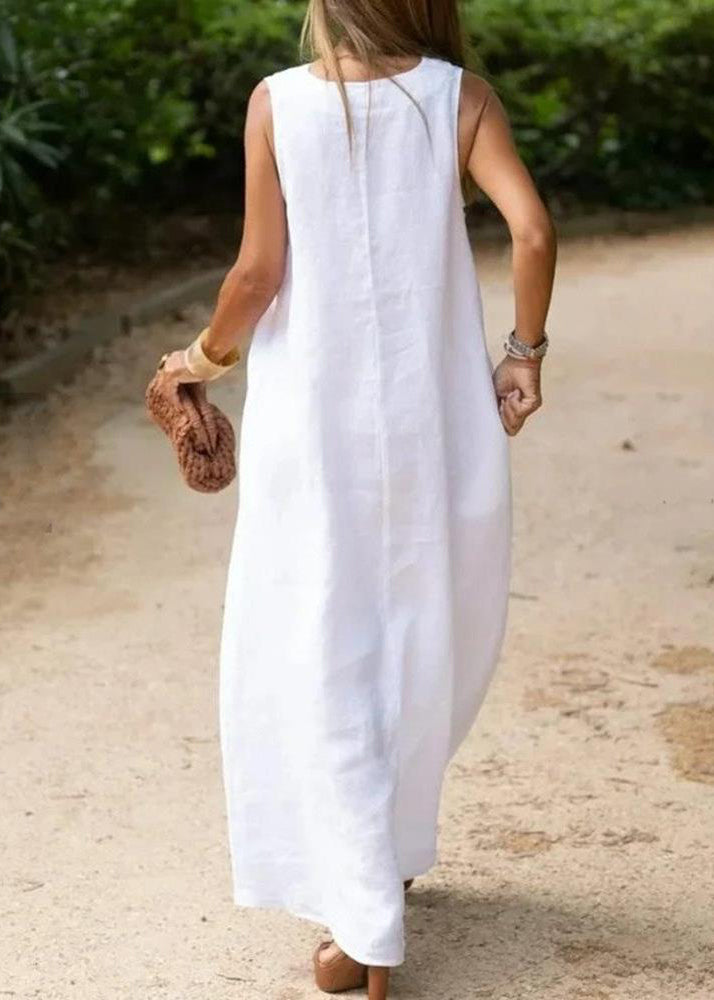 White V Neck Cotton a Line Dress Sleeveless