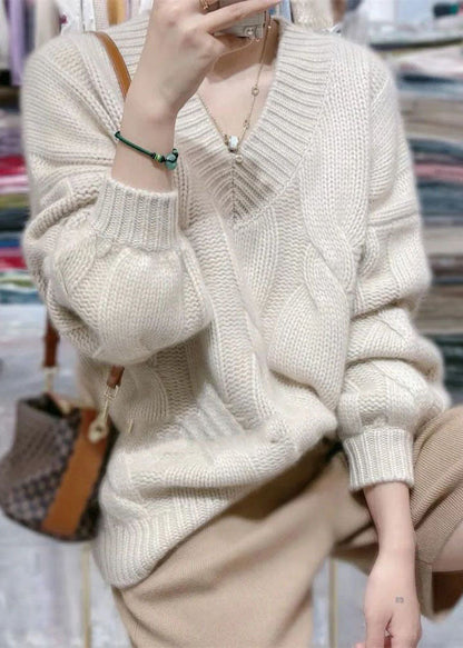 White V Neck Cozy Cable Knit Sweater Tops Winter