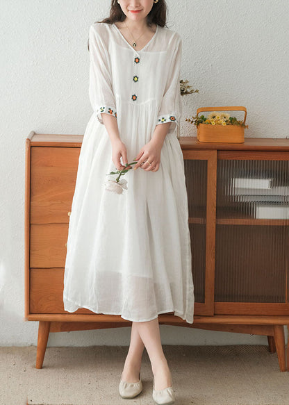 White V Neck Embroideried Linen Dress Two Piece Set Clothing Summer