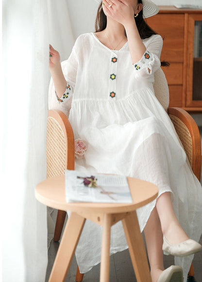 White V Neck Embroideried Linen Dress Two Piece Set Clothing Summer