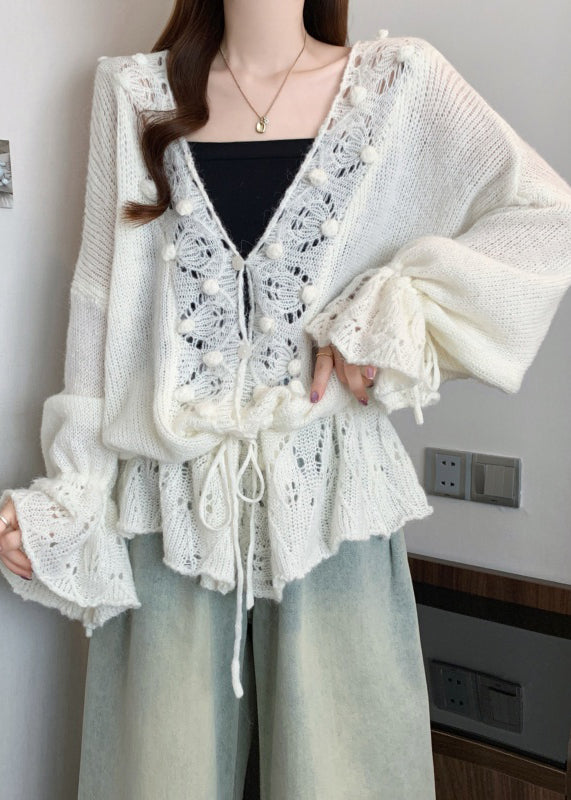 White V Neck Hollow Out Knit Cardigans Fall