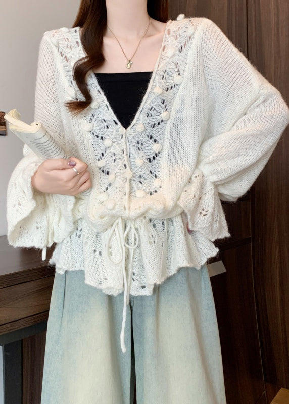 White V Neck Hollow Out Knit Cardigans Fall