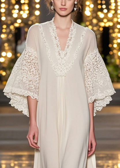 White V Neck Patchwork Lace Ankle Dress Flare Sleeve
