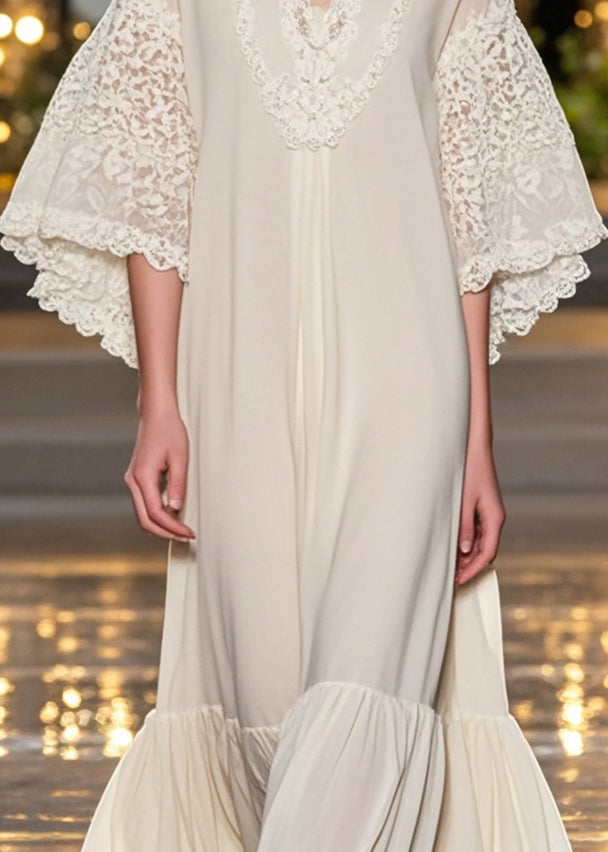 White V Neck Patchwork Lace Ankle Dress Flare Sleeve