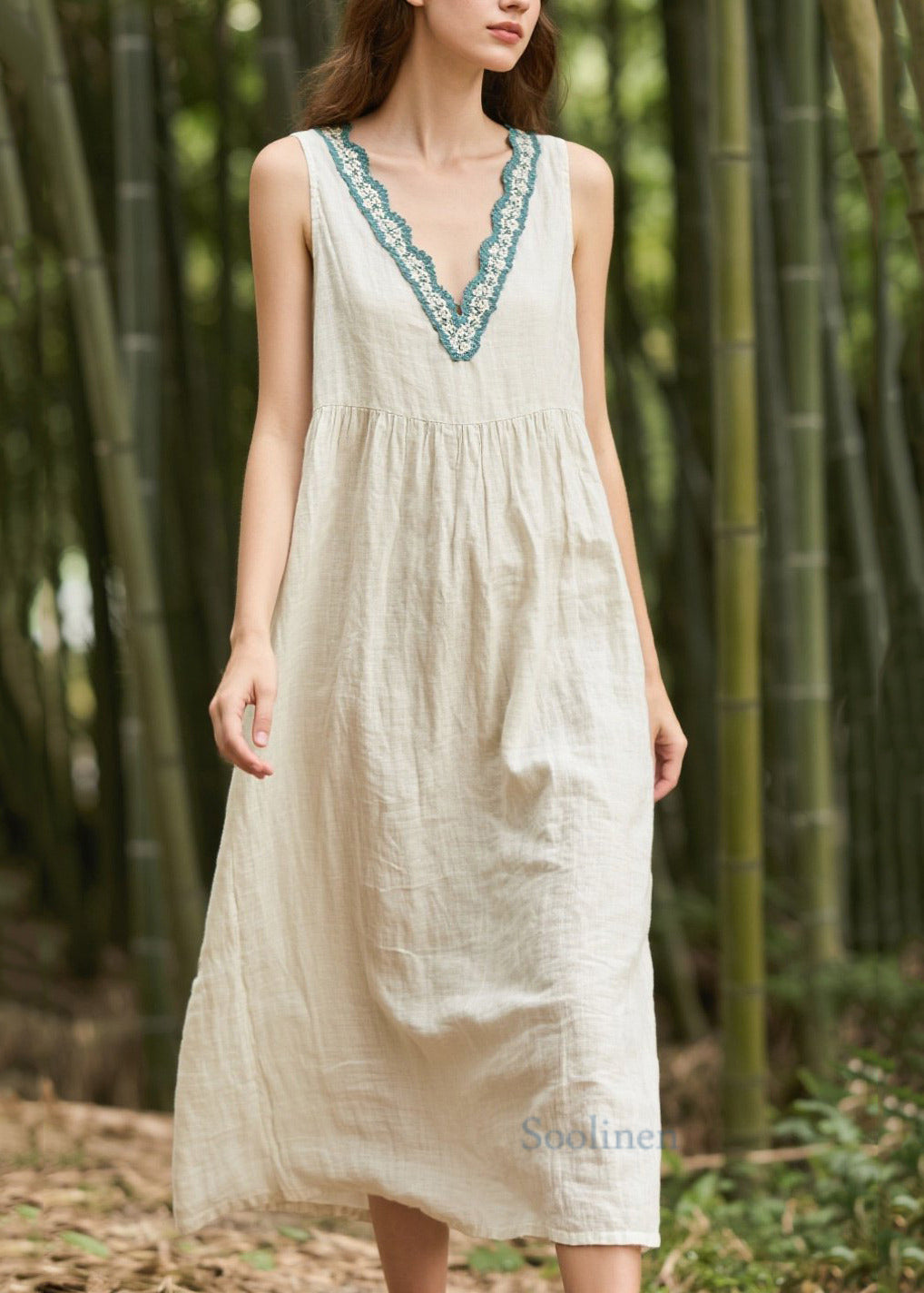 White V Neck Patchwork Linen Straight Dress Sleeveless