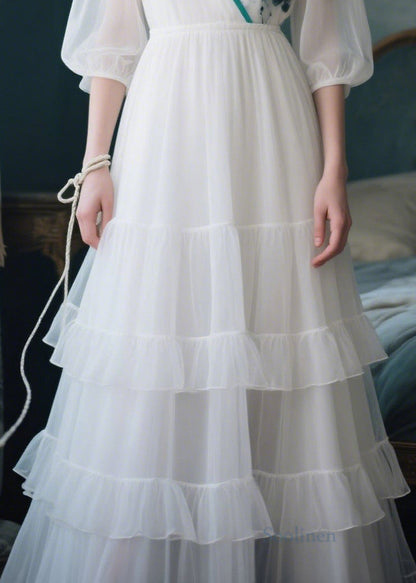 White V Neck Patchwork Tulle Maxi Dress Summer