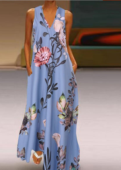 White V Neck Print Long Dresses Summer