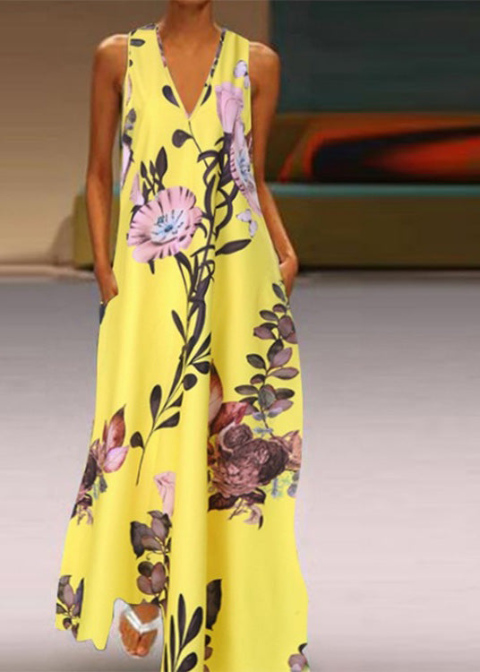 White V Neck Print Long Dresses Summer