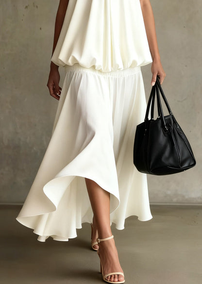 White Wrinkled Tops and Skirts Two Pieces Set Summer