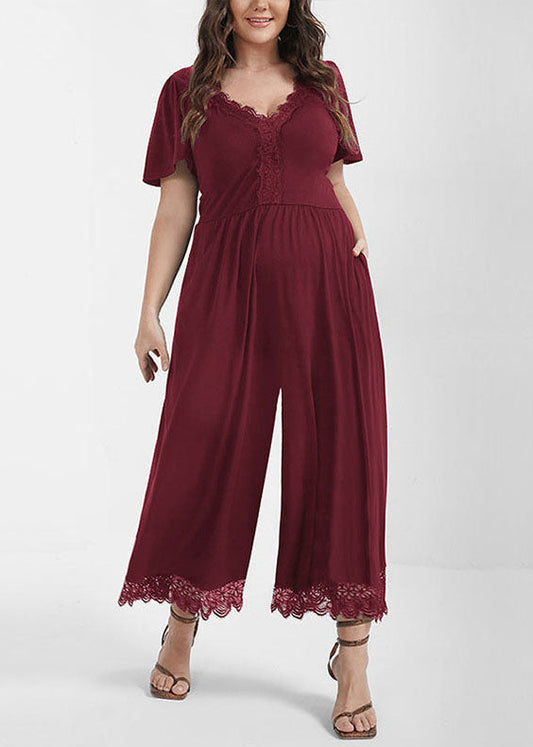 Wine Red V Neck Patchwork Lace Patchwork Knit Jumpsuit Short Sleeve