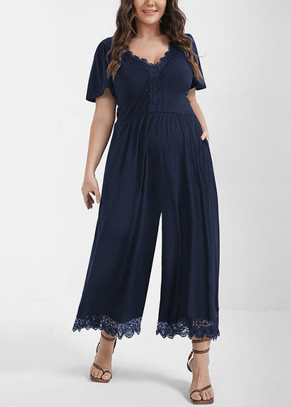 Wine Red V Neck Patchwork Lace Patchwork Knit Jumpsuit Short Sleeve