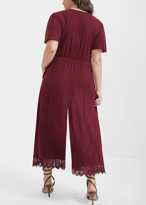 Wine Red V Neck Patchwork Lace Patchwork Knit Jumpsuit Short Sleeve