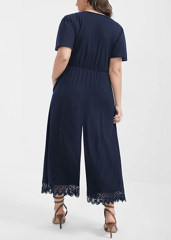 Wine Red V Neck Patchwork Lace Patchwork Knit Jumpsuit Short Sleeve