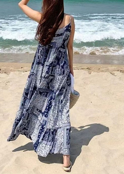 Sleeveless O-neck Printed Maxi Tank Dress Blue