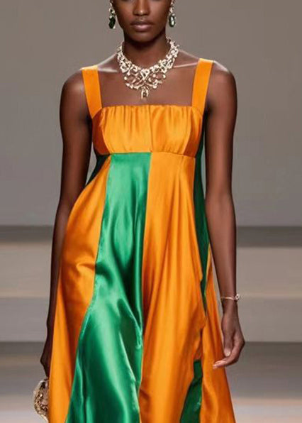 Yellow Asymmetrical Patchwork Silk Cami Dresses Summer