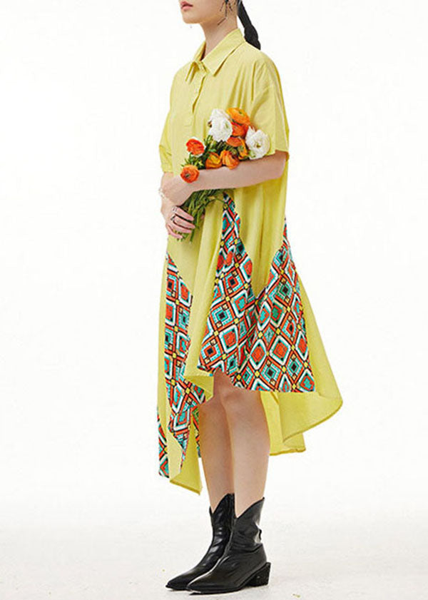 Yellow Asymmetrical Print Patchwork Chiffon Shirts Dresses Summer