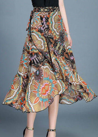 Yellow Asymmetrical Ruffles Dotted Daisy Print Chiffon Skirts Summer