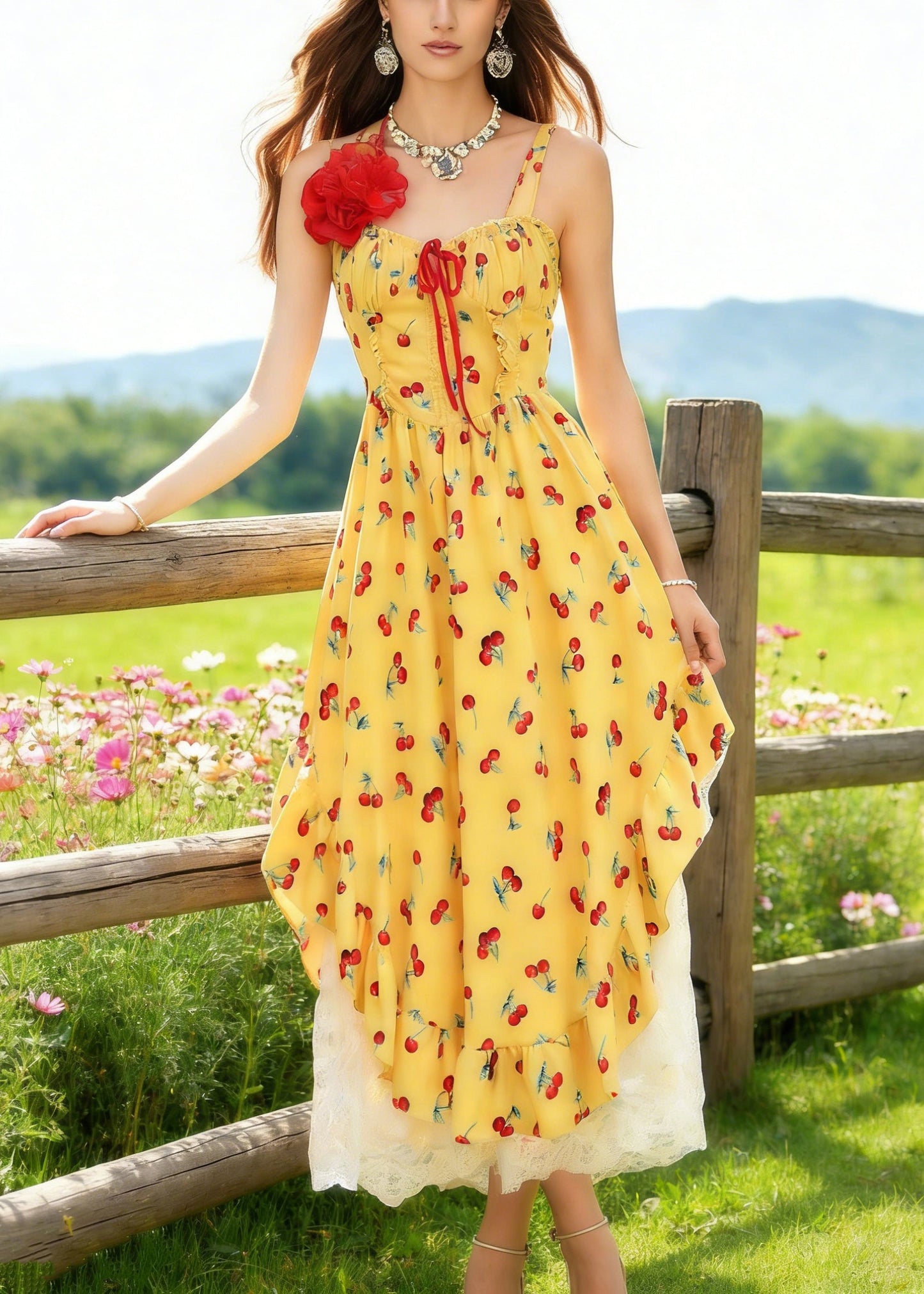 Yellow Backless Print Spaghetti Strap Dress and White Lace Skirt Cotton Two Piece Set Sleeveless