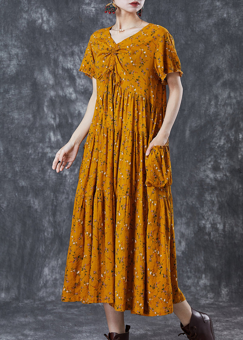 Yellow Cinched Print Cotton Dress Summer
