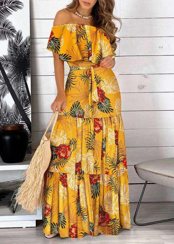 Yellow Cold Shoulder Print Wrinkled Maxi Dress Short Sleeve