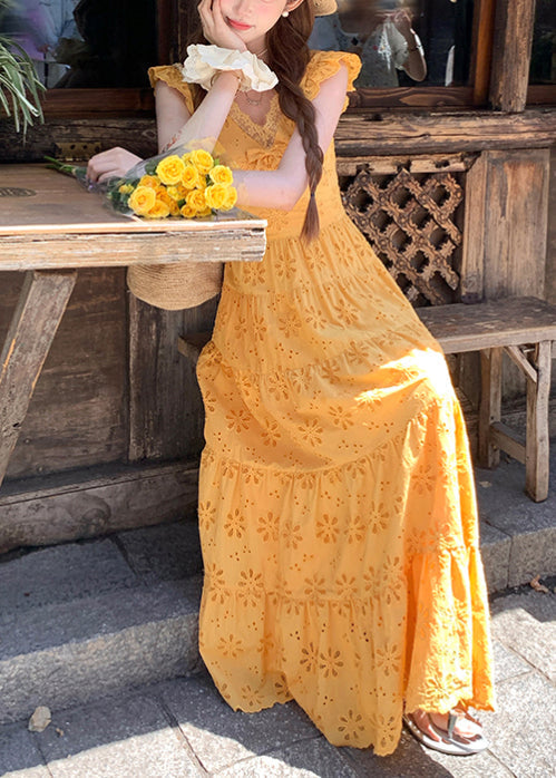 Yellow Embroidered Cotton Robe Dresses Summer