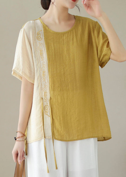 Yellow Embroideried Patchwork Cotton Shirt Top Summer