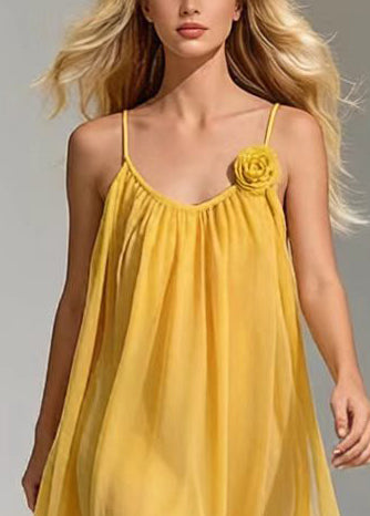 Yellow Decorated Draping Chiffon Maxi Dresses Summer
