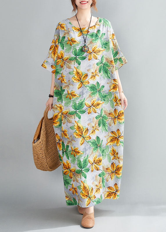Yellow Green O-neck Leaf Print Cotton Long Dress Short Sleeve