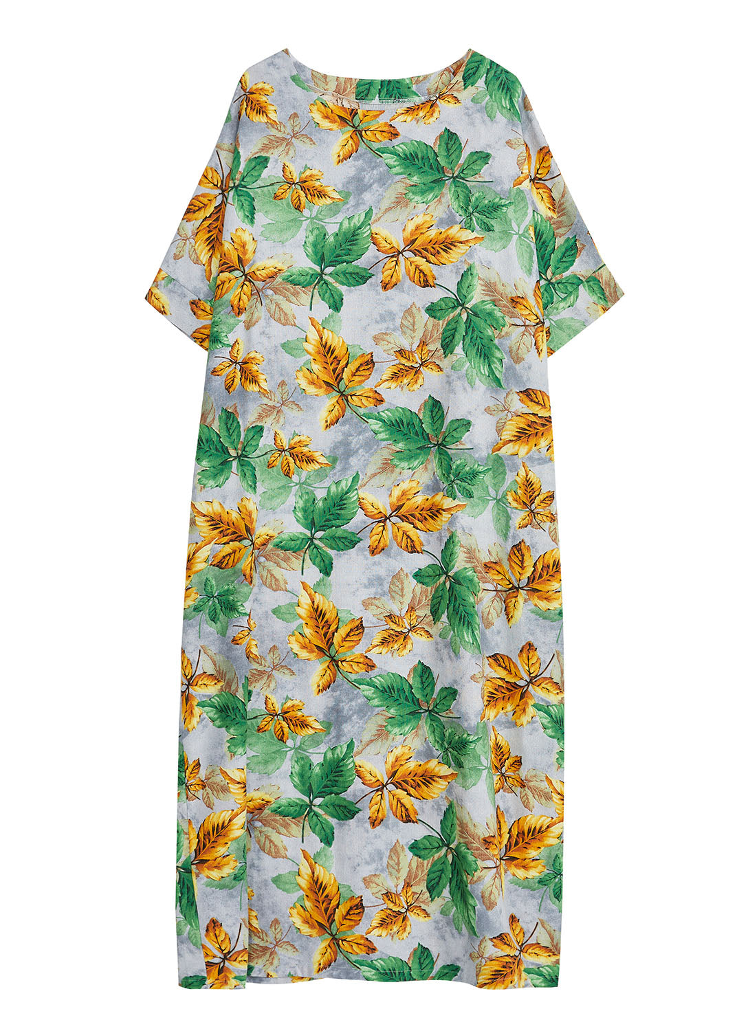 Yellow Green O-neck Leaf Print Cotton Long Dress Short Sleeve