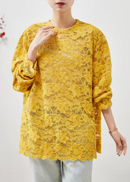 Yellow Hollow Out Side Open Lace Top Summer