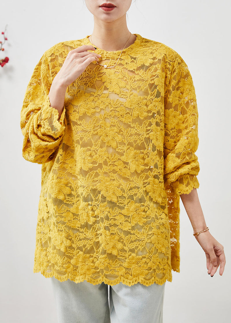 Yellow Hollow Out Side Open Lace Top Summer
