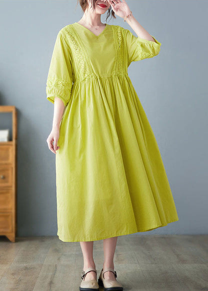 Yellow O-neck Lace Patchwork Cotton Cinch Dress Half Sleeve