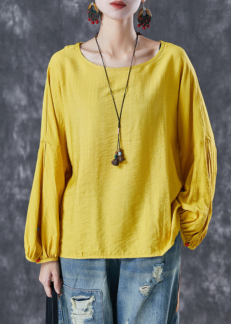 Yellow O-neck Oversized Nail Bead Cotton Top Lantern Sleeve