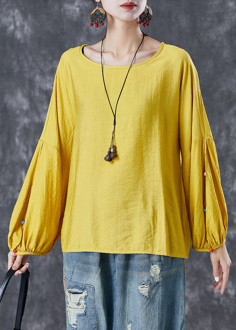 Yellow O-neck Oversized Nail Bead Cotton Top Lantern Sleeve