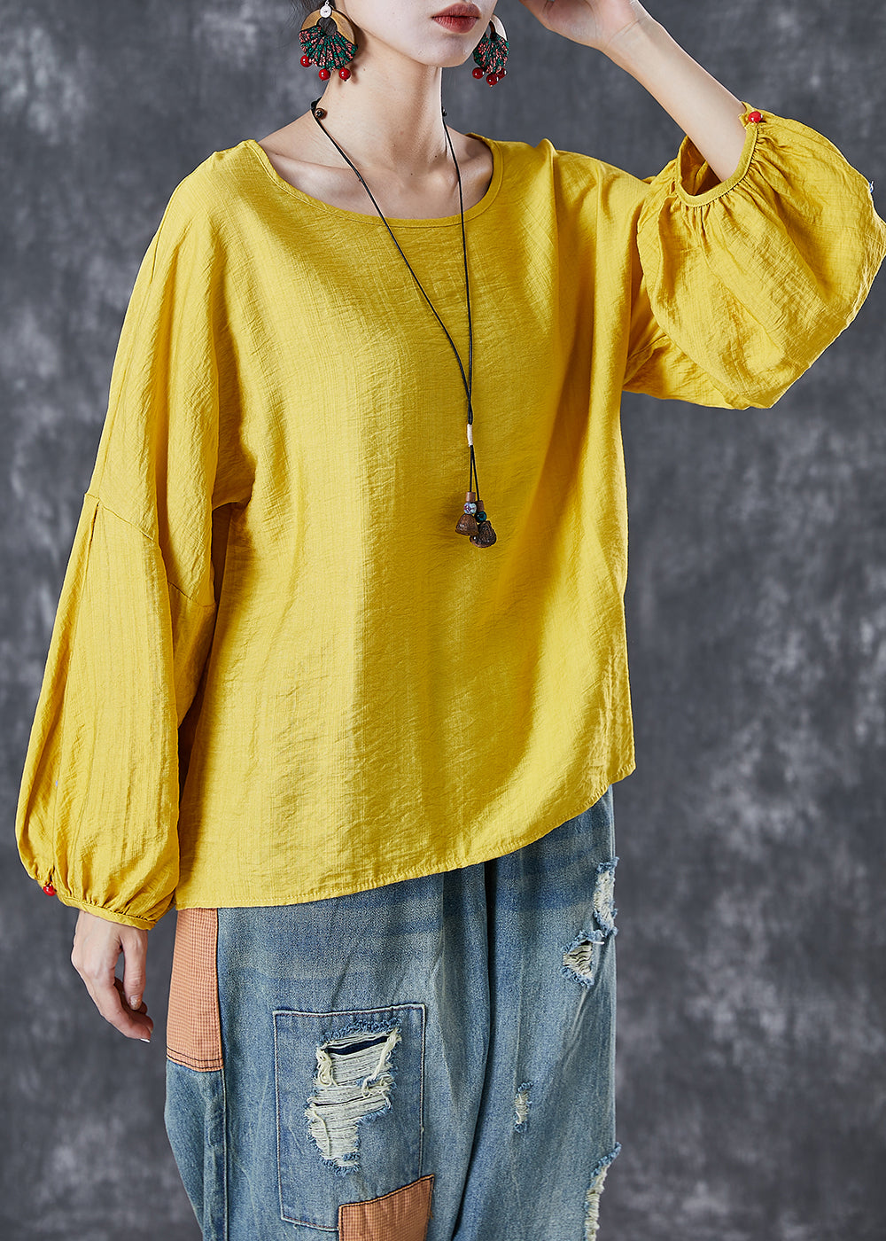 Yellow O-neck Oversized Nail Bead Cotton Top Lantern Sleeve
