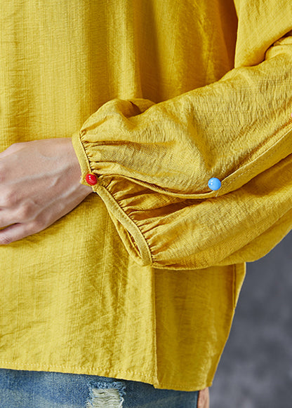Yellow O-neck Oversized Nail Bead Cotton Top Lantern Sleeve