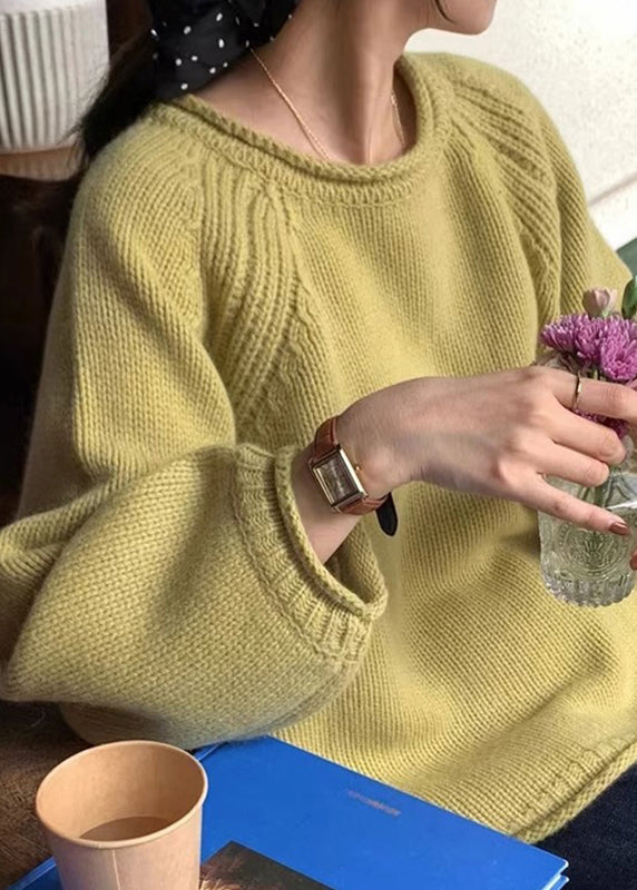 Yellow O Neck Patchwork Cozy Knit Sweaters Long Sleeve